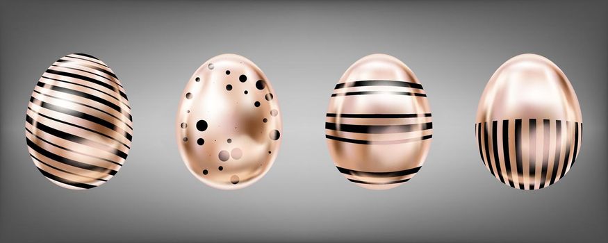 Four glance metallic eggs in pink color with black dots and stripes. Isolated objects for Easter