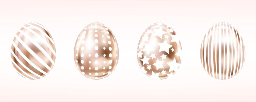 Four glance metallic eggs in pink color with white stripes, dots and stars. Isolated objects for Easter