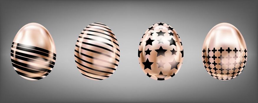 Four glance metallic eggs in pink color with black star, cross and stripes. Isolated objects for Easter