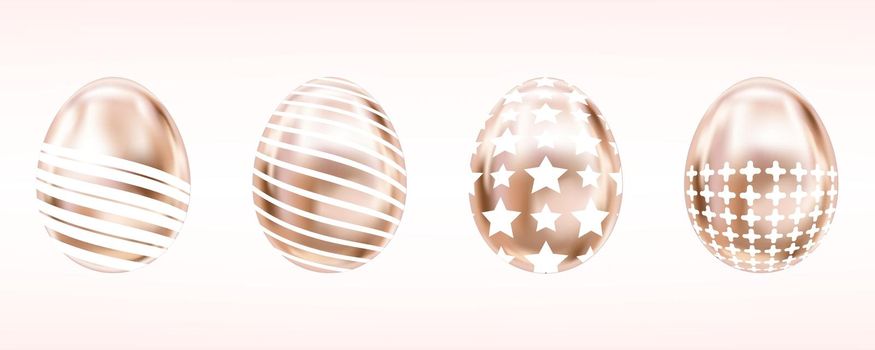 Four glance metallic eggs in pink color with white star, cross and stripes. Isolated objects for Easter