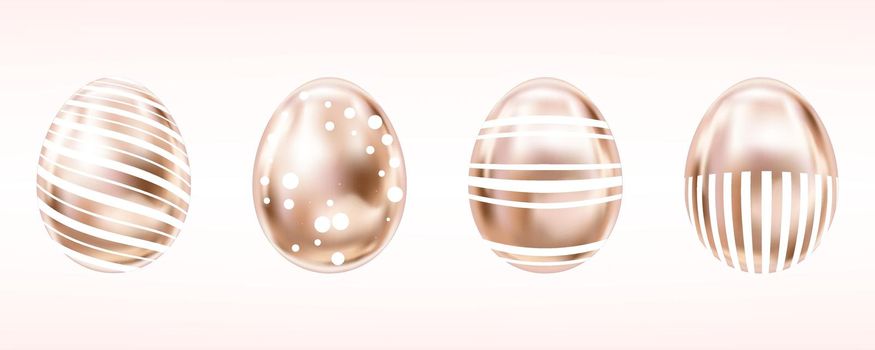 Four glance metallic eggs in pink color with white dots and stripes. Isolated objects for Easter