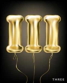 Roman 3 number, gold foil balloon III form on the black background