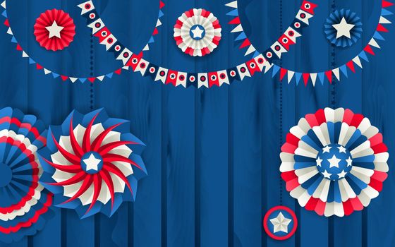 Patriotic template with paper pinwheels hanging on wooden fence
