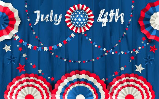 July 4 card with paper fans hanging on wooden fence