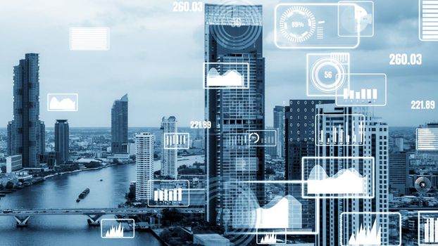 Business data analytic interface fly over smart city showing alteration future