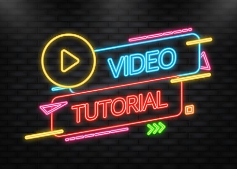 Video tutorial neon icon on blue background. Video tutorial banner.