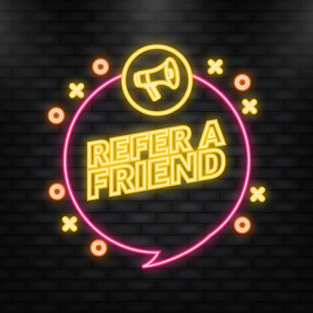 Neon Icon. Refer a friend blue banner on white background. Vector illustration.