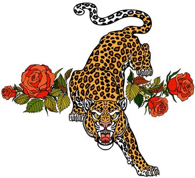 leopard climbing down and blooming roses. Tattoo