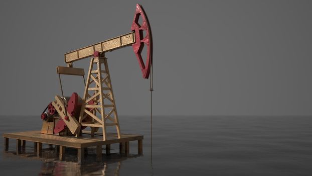 a golden oil pump pumps in an ocean of oil. Realistic 3d model. Minimalism. The concept of excess profits of oil companies
