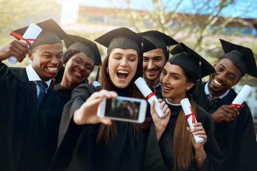 Working world, here we come. Shot of a group of students taking selfies with a mobile phone on graduation day.
