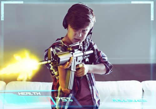 Call of duty. Shot of a young boy playing violent video games.