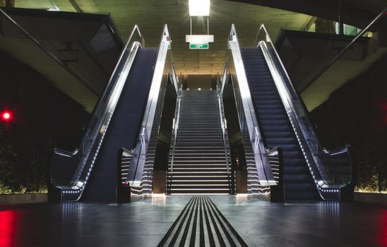 Underground metro station escalators