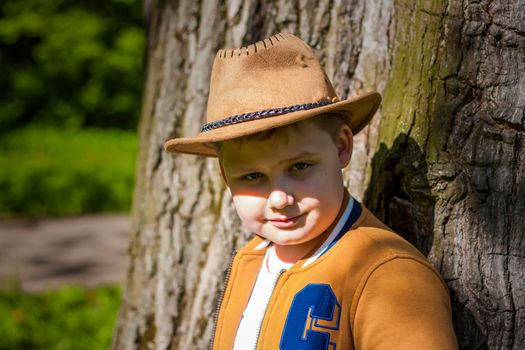 Cute boy posing in a cowboy hat in the woods by a tree. The sun's rays envelop the space. Interaction history for the book. Space for copying