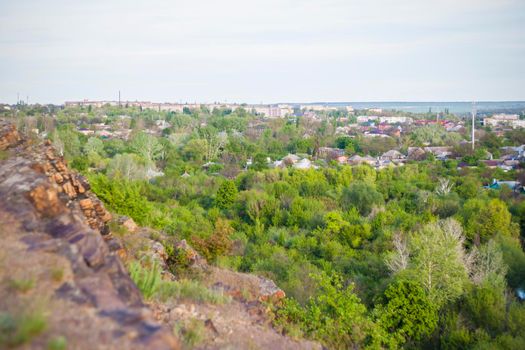 a place with a rocky terrain. panoramic view from the top of a rocky mountain. Russia, Rostov region, the city of Krasny Sulin, skelevataya Gora, the 7th wonder of the world of the Don.