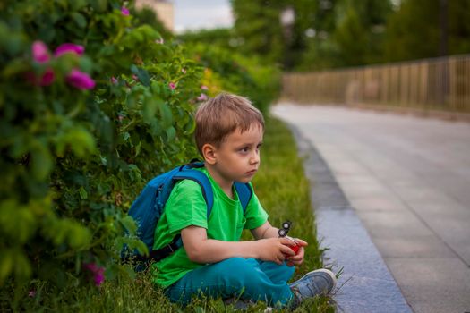 Portrait of a child, a boy against the background of plants in an open-air park. Children, Travel. Lifestyle in the city. Center, streets.