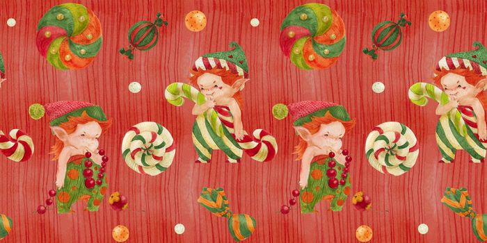 Christmas Elves Story red seamless watercolor pattern