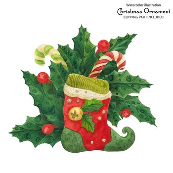 Christmas holly bouquet with elf stocking and candy canes, watercolor illustration