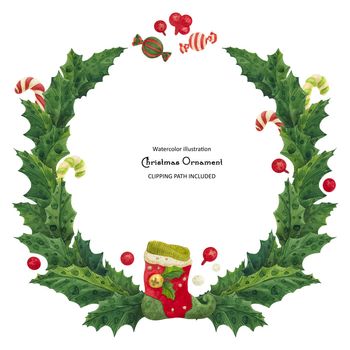 Christmas holly wreath with stocking and candy canes, watercolor illustration