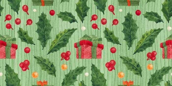 Christmas pattern with holly and red gift box