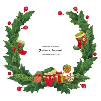 Christmas holly wreath with stocking and gift boxes, watercolor illustration