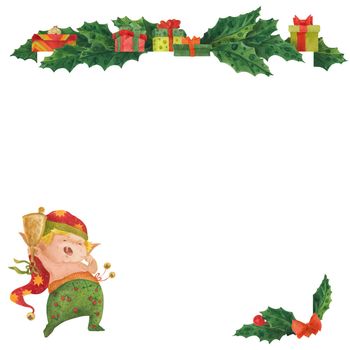 Christmas greeting card with holly and wake-up elf