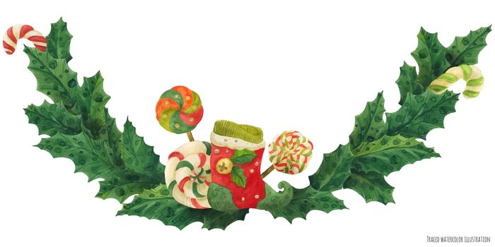 Christmas holly garland with stocking and lollipops, watercolor illustration