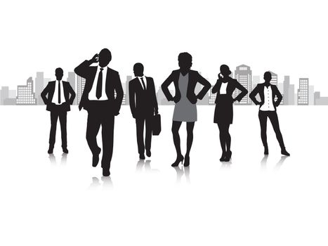 Taking on the business world. Silhouettes of various business men and women.