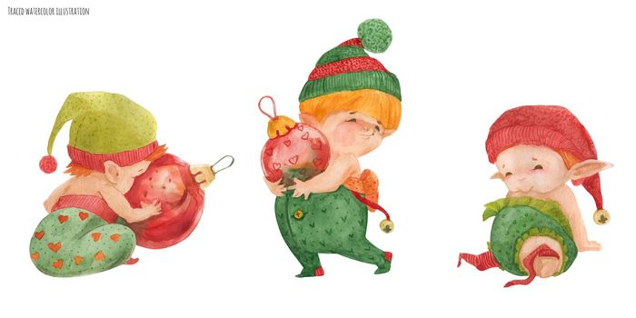 Three Christmas elves with glass baubles