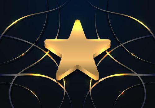 Luxury 3D golden star award badge with abstract wavy gold lines elements on dark blue background