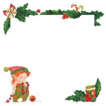 Christmas greeting card with holly and elf New Year decorator