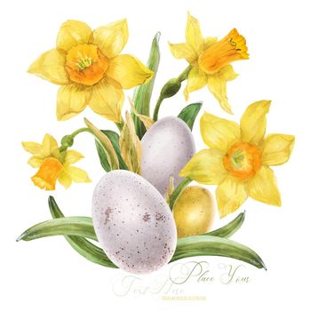Easter watercolor bouquet with daffodil and bird eggs
