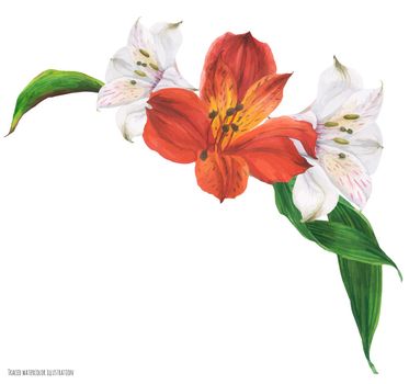 Garland bouquet with red and white peruvian lily flowers