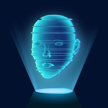 Blue luminous hologram with a human face on a dark background. Glitch effect. Virtual or augmented reality. Artificial digital human head