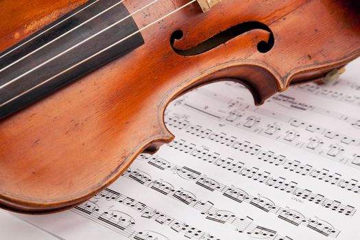 Let the music begin. Cropped shot of a violin lying atop sheet music.