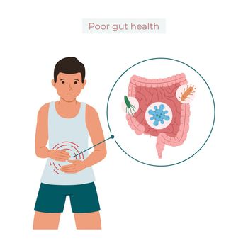 Vector illustration of a guy suffering from abdominal pain, the concept of poisoning or diarrhea caused by microorganisms