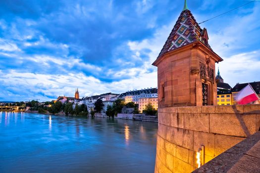 Basel middle bridge and historic architecture evening view