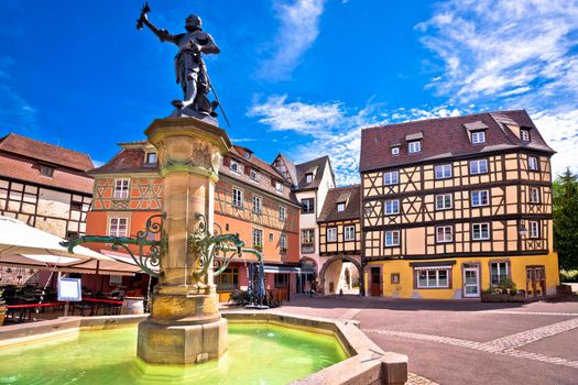 Colorful historic town of Colmar square and fountain view