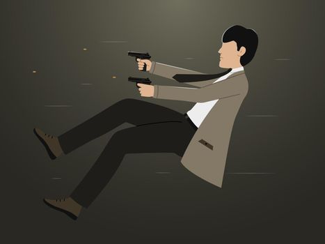 A man shoots with pistols. Vector illustration of a spy shooting a firearm.