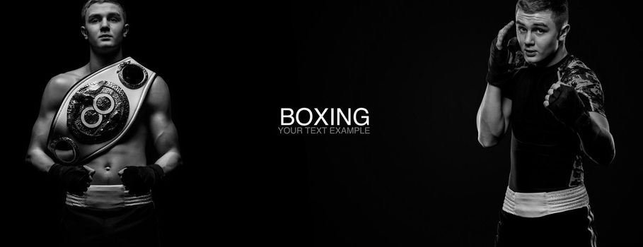 Boxer man isolated on black background with champion belt. Copy Space. Boxing, kickbox and sport concept.