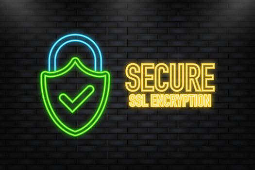 Neon Icon. SSL encryption secure badge on white background. Green banner. Vector illustration