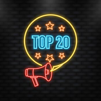Neon Icon. Neon banner with Top 20 colorful label on dark background