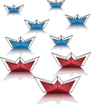 red and blue boats with a black stroke on a white background
