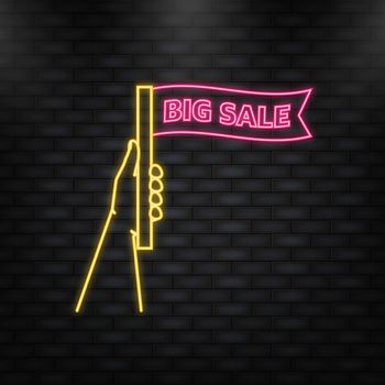 Big sale in flat style on white background. Neon icon. Creative poster, banner. Mega sale