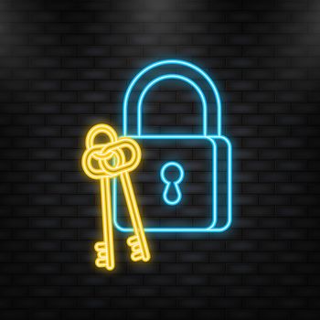 Cyber security concept. Neon icon. Padlock, lock. Privacy concept. Flat button