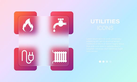 Household utilities gradient blur icon set. Public housing services, water, electricity, gas and heating symbols in glassmorphism style. Vector EPS 10