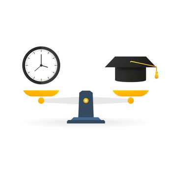 Education vs money on scales icon. Money and time balance on scale.