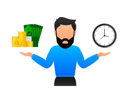 Time is money on scales icon. Money and time balance on scale.