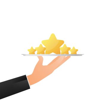 Star rating icon on hand. Vector background