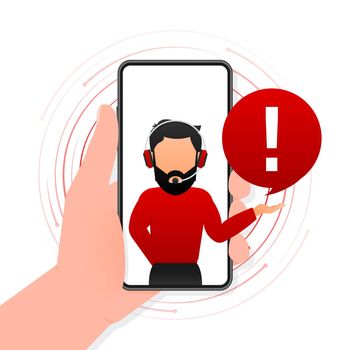 Smartphone with danger sign with man on screen on red background. Vector illustration
