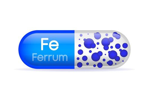 Mineral Fe Ferum blue shining pill capsule. Vector illustration